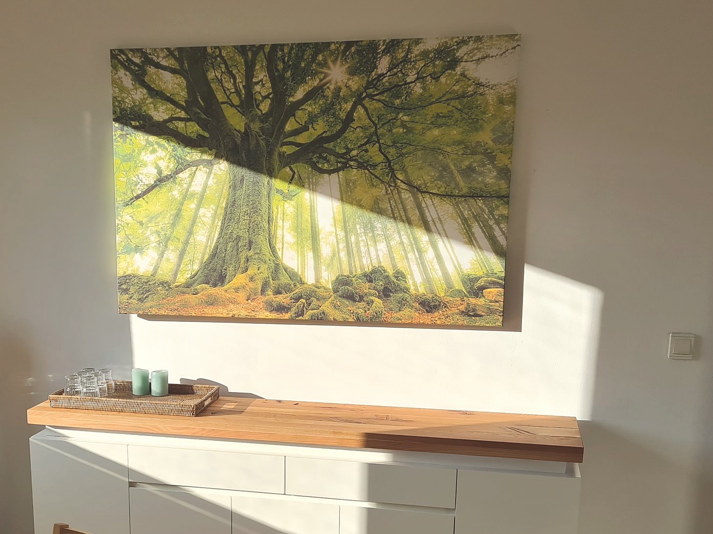Praxisraum mit Morgenlicht, Sideboard aus Holz und großem Waldbild